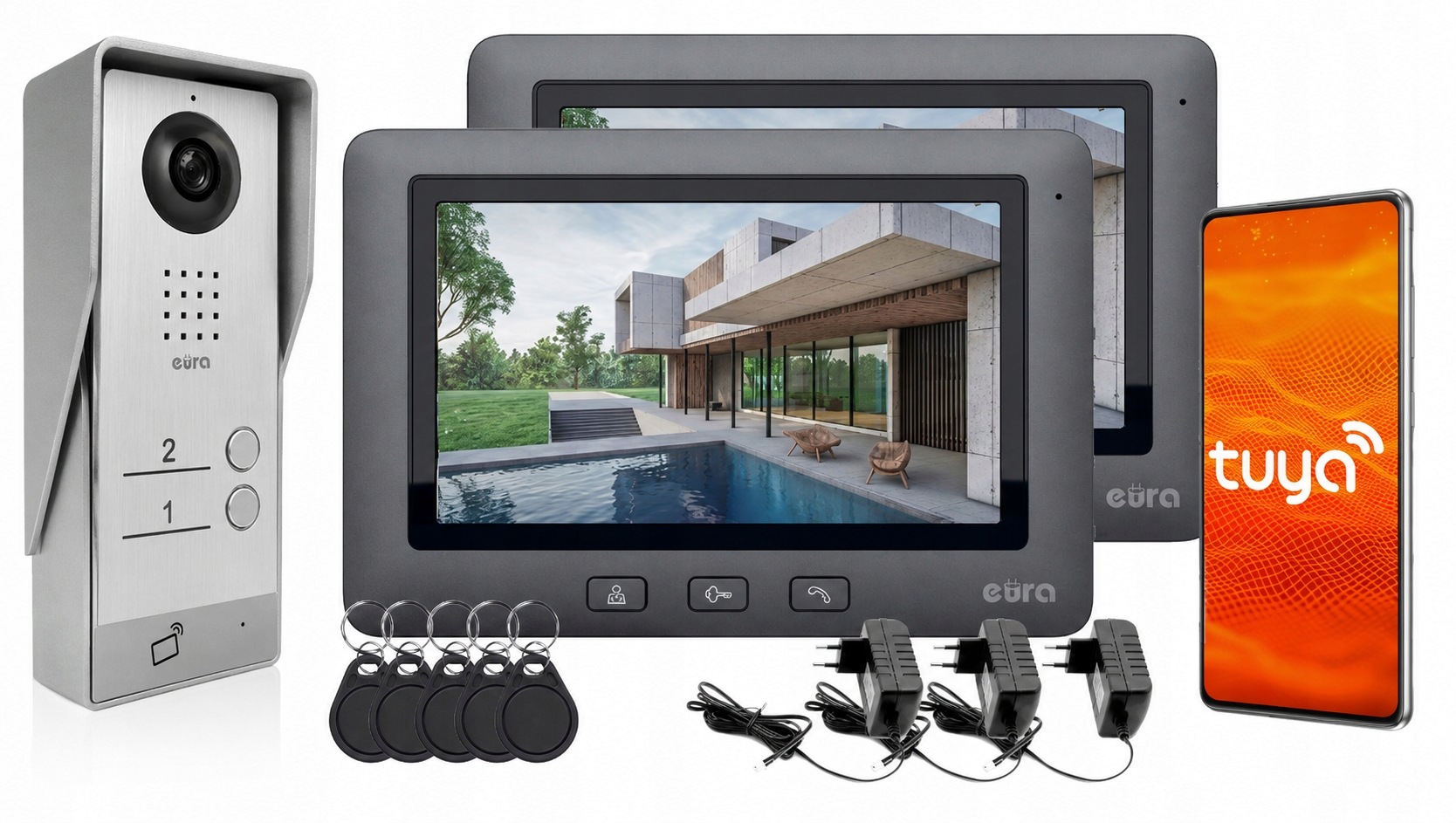 Wideodomofon Dwurodzinny WiFi 2 Monitory Brelok 7" Aplikacja na telefon