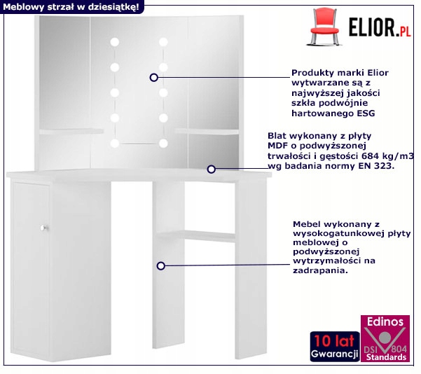 NOWOCZESNA NAROŻNA TOALETKA Z LUSTREM LED == BIAŁA Marka Elior