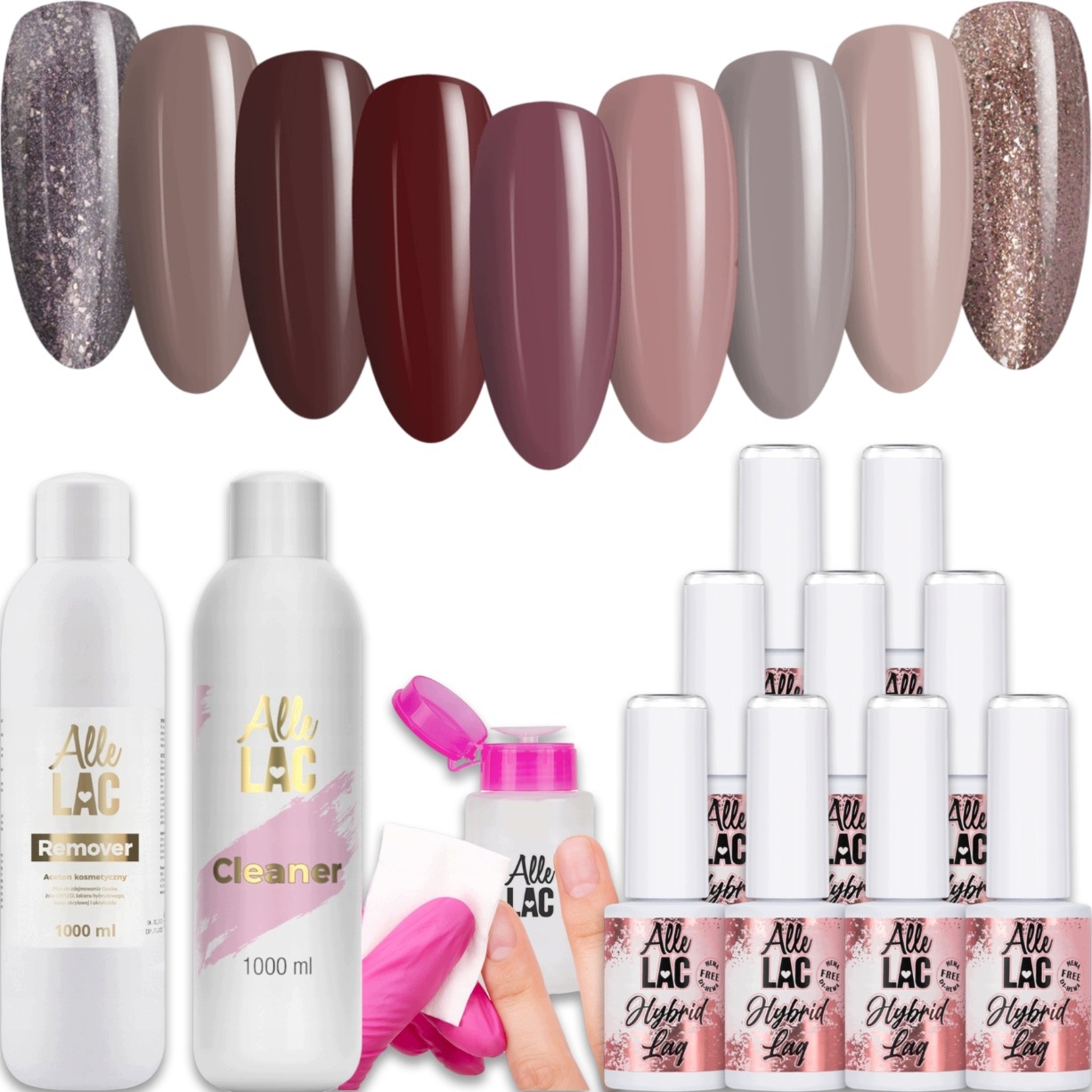 9x Hybridní lak Allelac 6g Browns Set Cleaner Remover Dávkovač