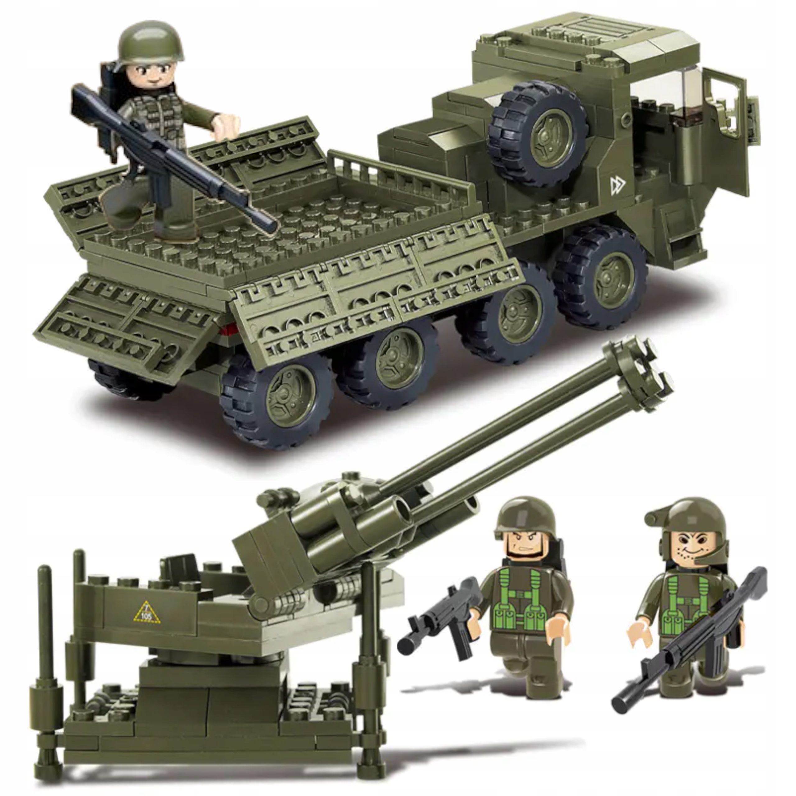 Klocki CIĘŻARÓWKA WOJSKOWA TRANSPORTER OBRONA PRZECIWLOTNICZA + 2 LEGO BROŃ Certyfikaty, opinie, atesty CE