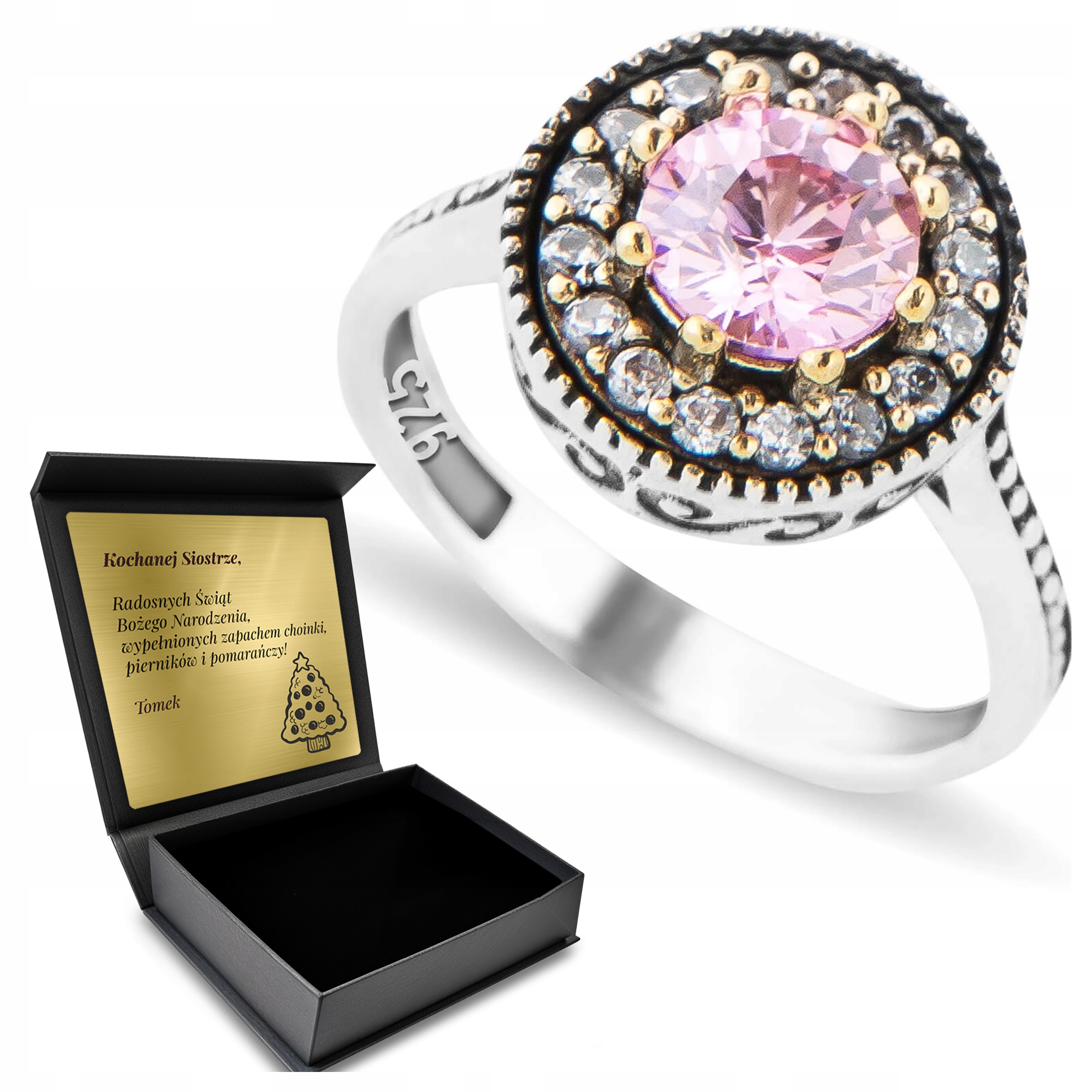 Prstýnek 925 S Zirkony A Růžovým Topazem Pro Ženu Gravírování