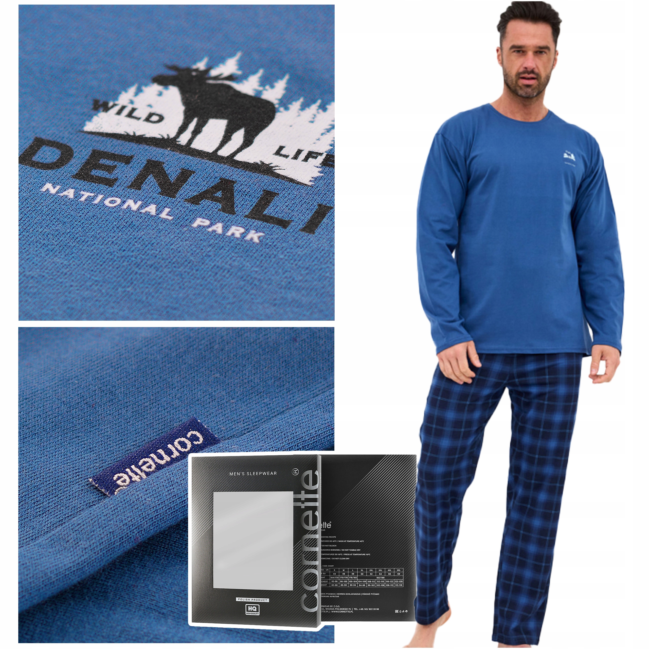 Cornette Pánské pyžamo s dlouhým rukávem Modrá bavlněná mřížka Velikost XXL