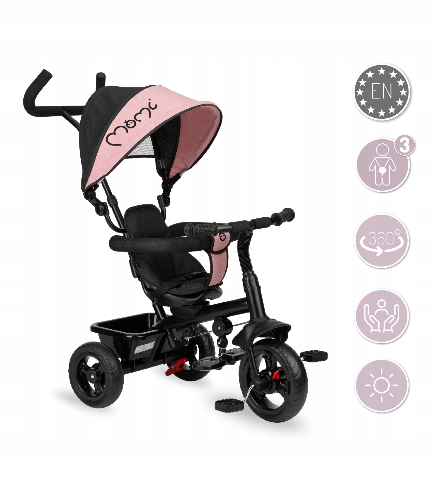 ROWEREK TRÓJKOŁOWY 5w1 - MoMi IRIS RÓŻOWY - DASZEK KOSZ OBROTOWY 360° Marka MoMi