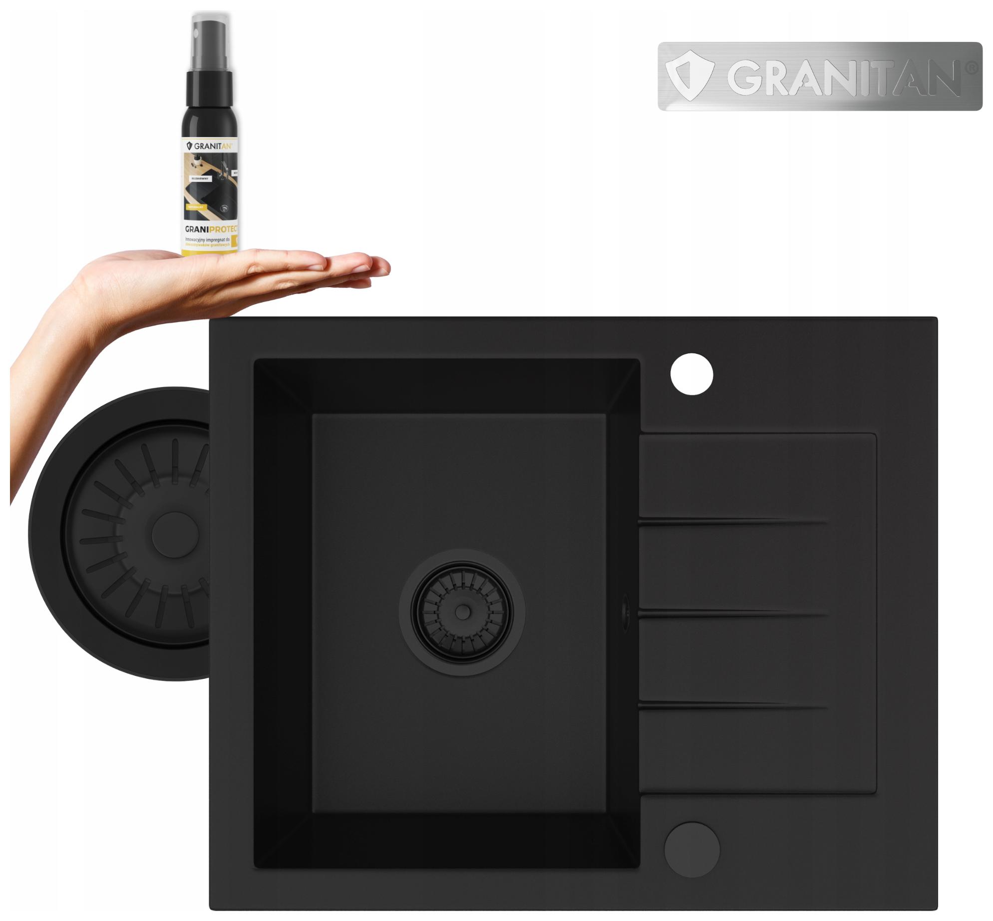 Jednokomorový granitový dřez Tinos Černý Sada Dřez Sifon