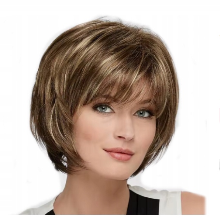 Peruka Damska Włosy Brąz Z Pasemkami Blond Baleyage Włosy Krótkie 1449