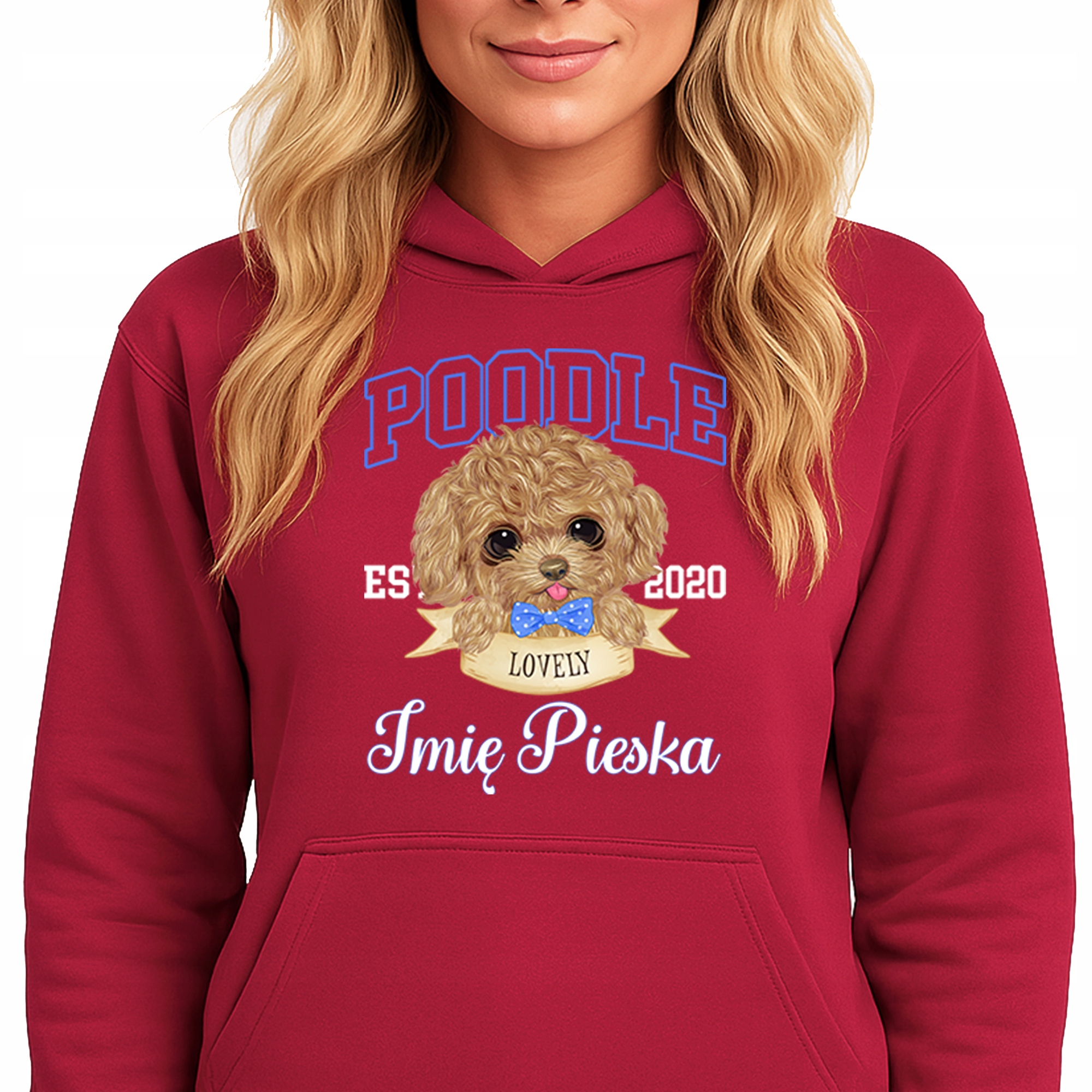 Mikina S Kapucí Červená Hoodie Poodle Jméno pejska M
