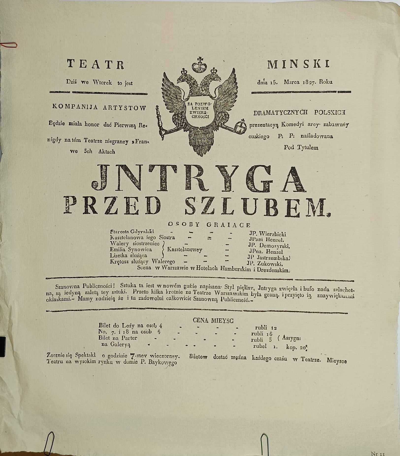 Afisz teatralny: Jntryga przed szlubem