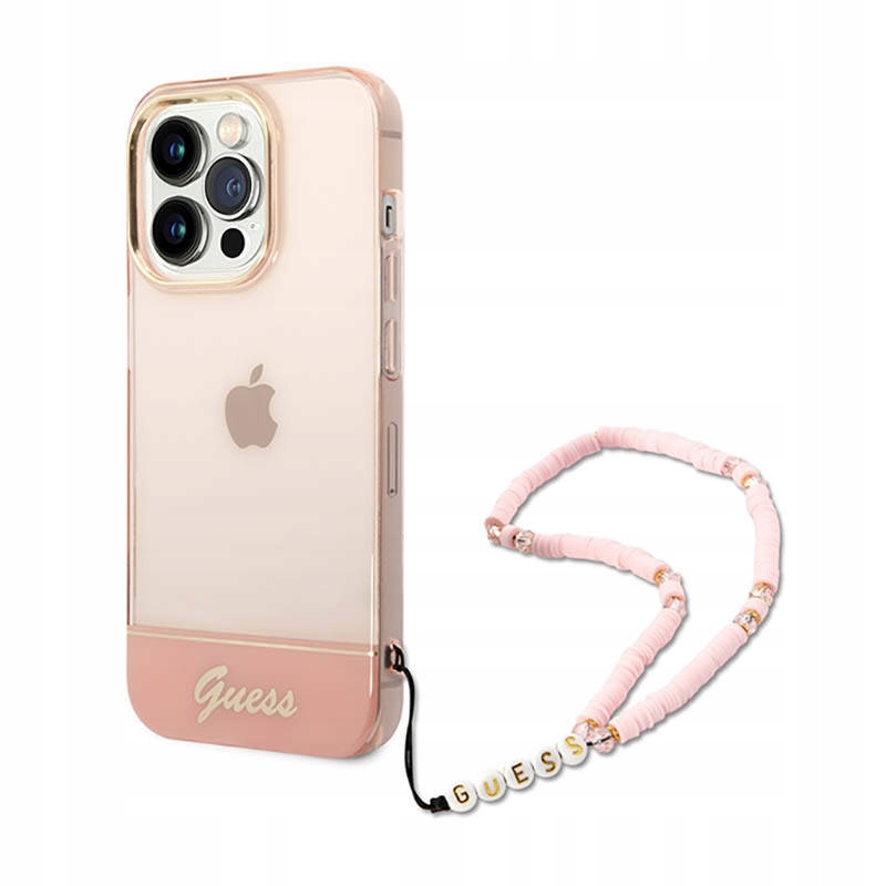 Pouzdro pro iPhone 14 Pro Guess Translucent Pearl Strap růžové