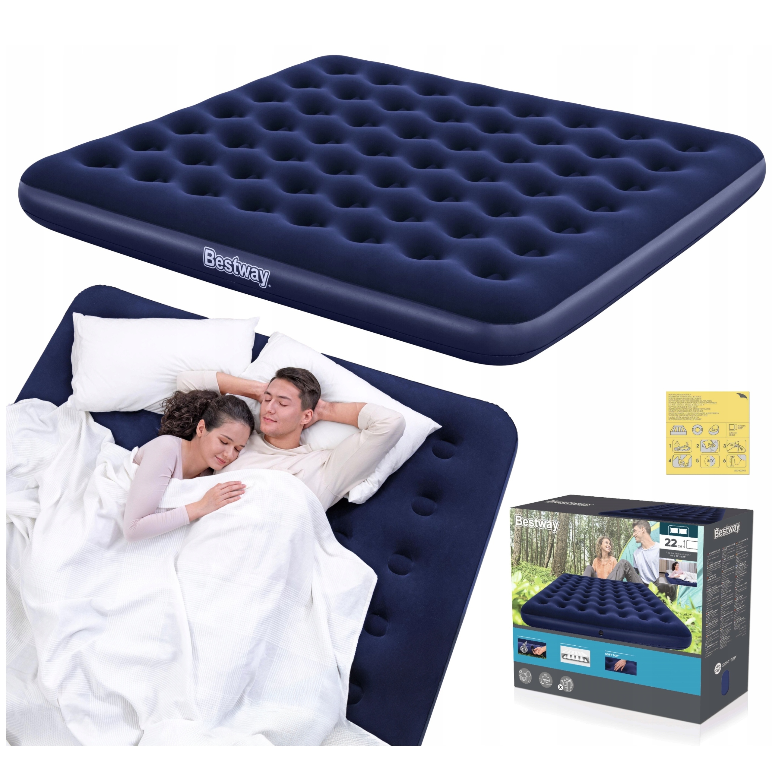 Materac Duży Dwuosobowy Bestway Dmuchany Welurowy Łóżko Dmuchane 203x183cm