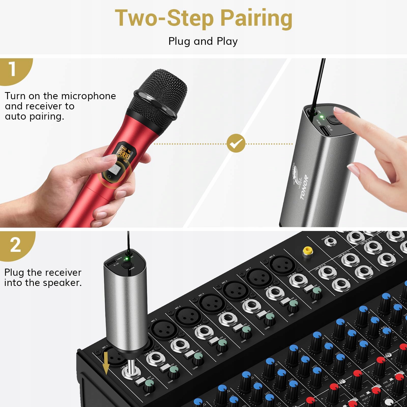 TONOR Mikrofon Bezprzewodowy UHF Z Odbiornikiem Do Karaoke 60m Czerwony — miniatura 4