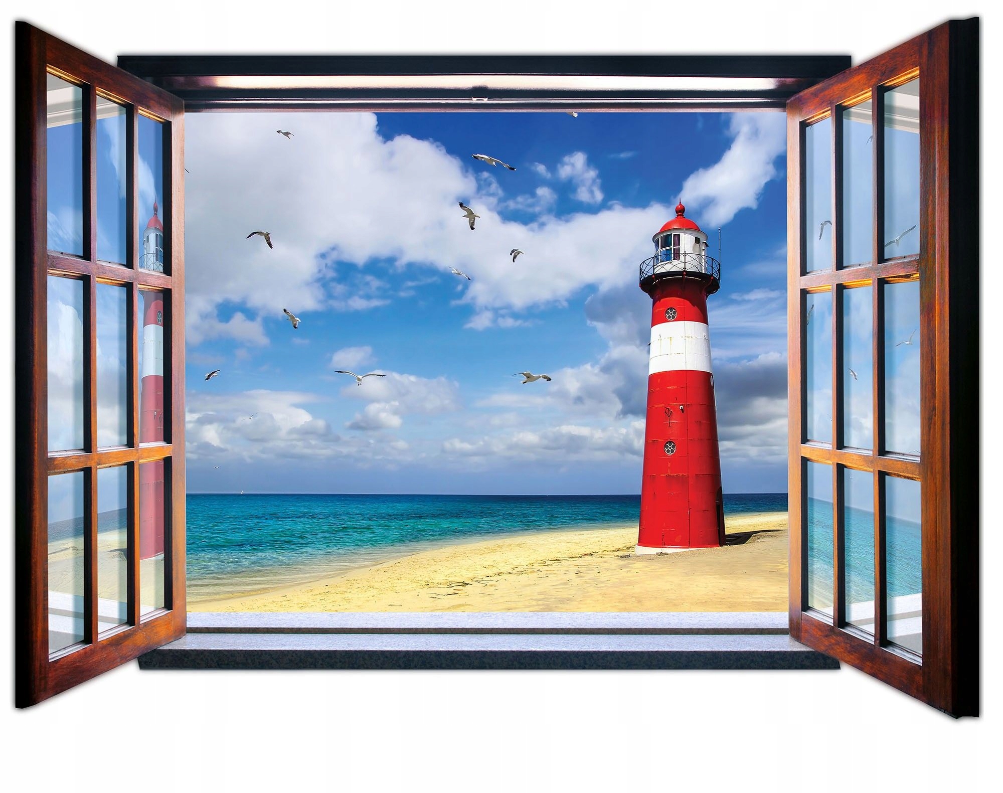 Fototapeta Okno na léto Moře Pláž Mewy Maják 201x145 lepidlo
