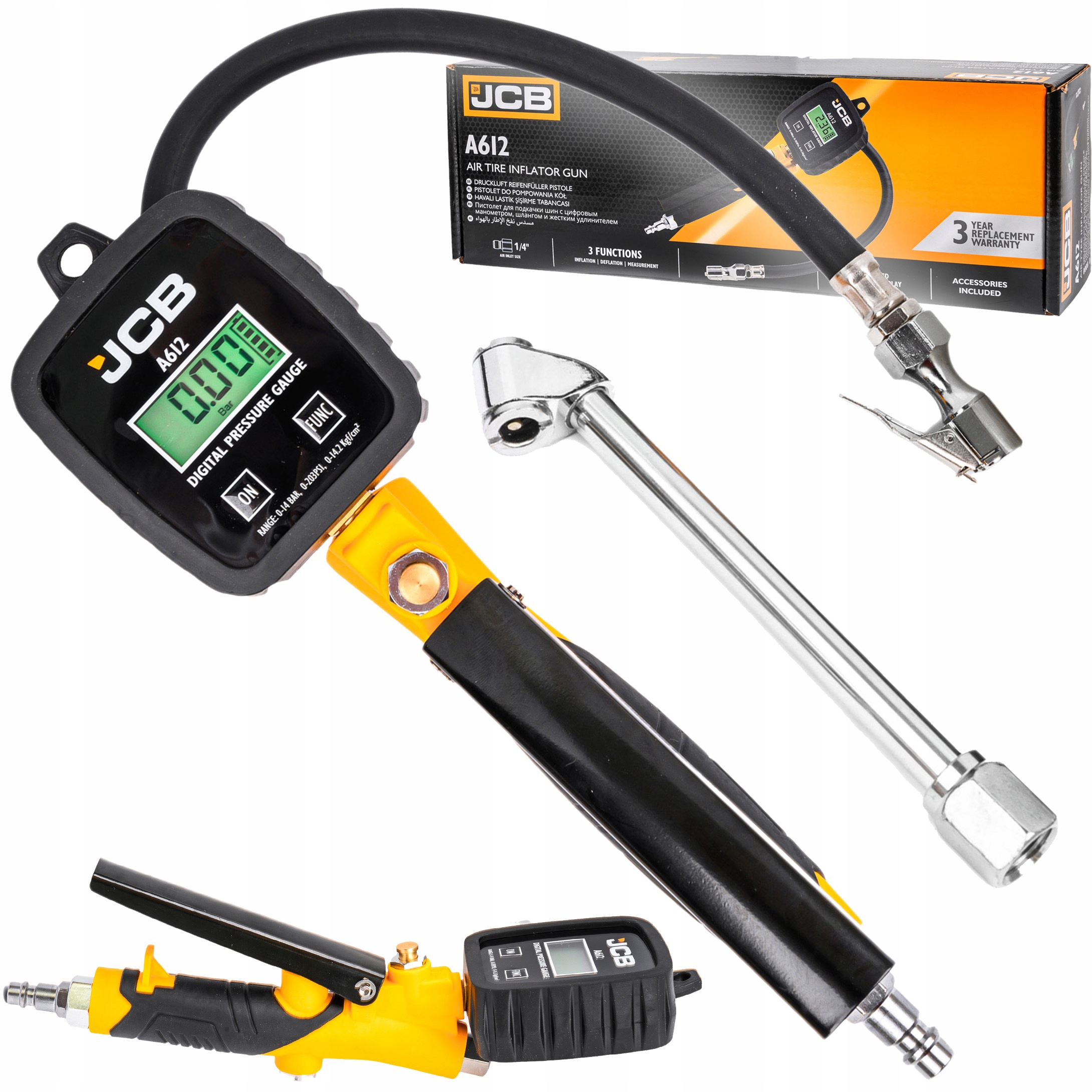 PISTOLET DO POMPOWANIA KÓŁ JCB CYFROWY MANOMETR LCD POMPKA SAMOCHODOWA 0-14