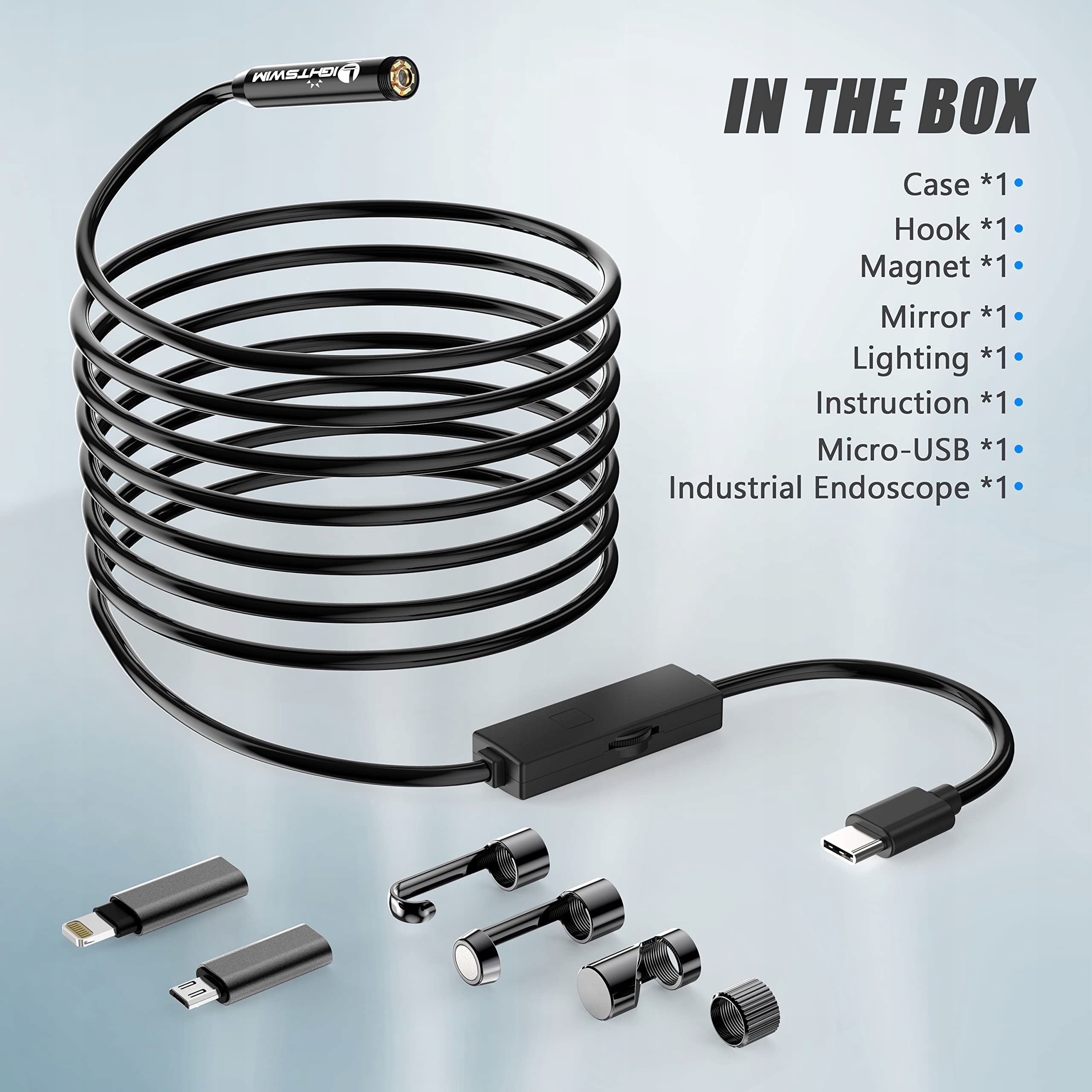 LIGHTSWIM Kamera Inspekcyjna Endoskop 5,5mm 1920P 8 LED Android iOS 5m — miniatura 6