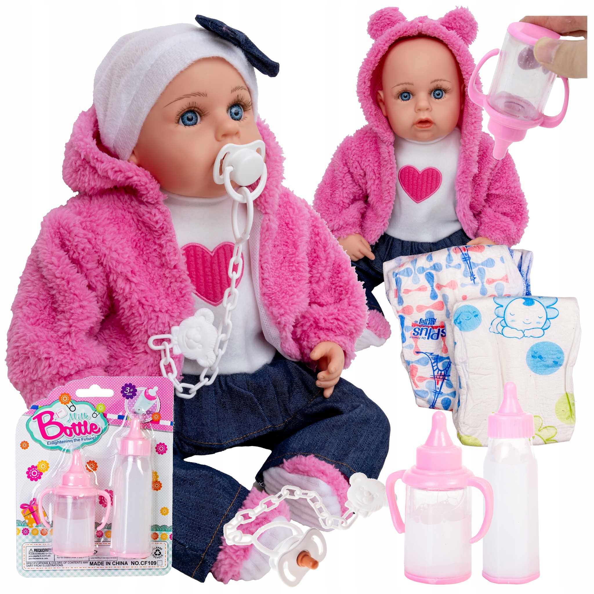 DUŻA LALKA BOBAS 45 cm mówi śpiewa po PL + SMOCZEK + BUTELKI + PAMPERSY