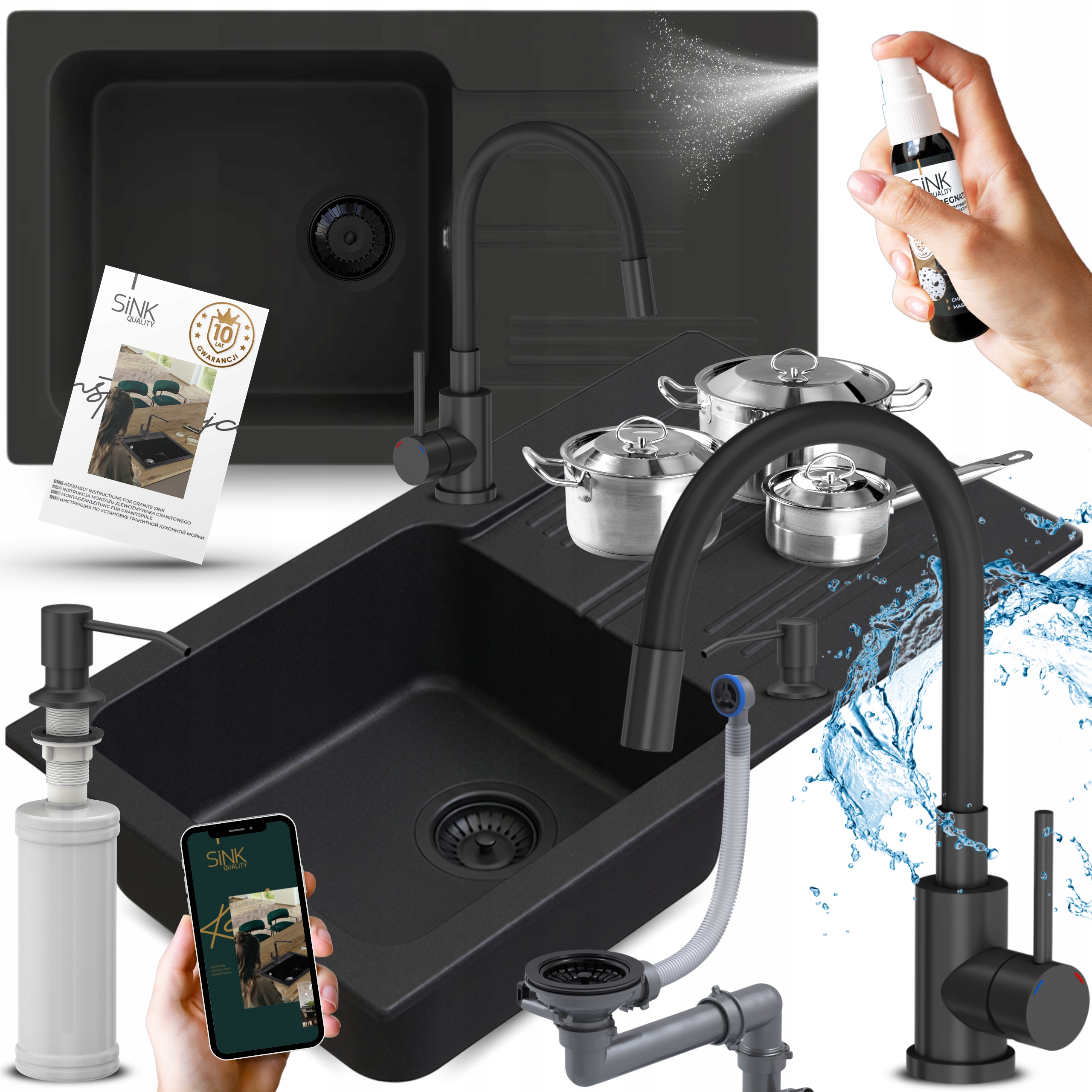 Granitový dřez Jednokomorový s odkapávačem Černý dřez 78x44 Baterie