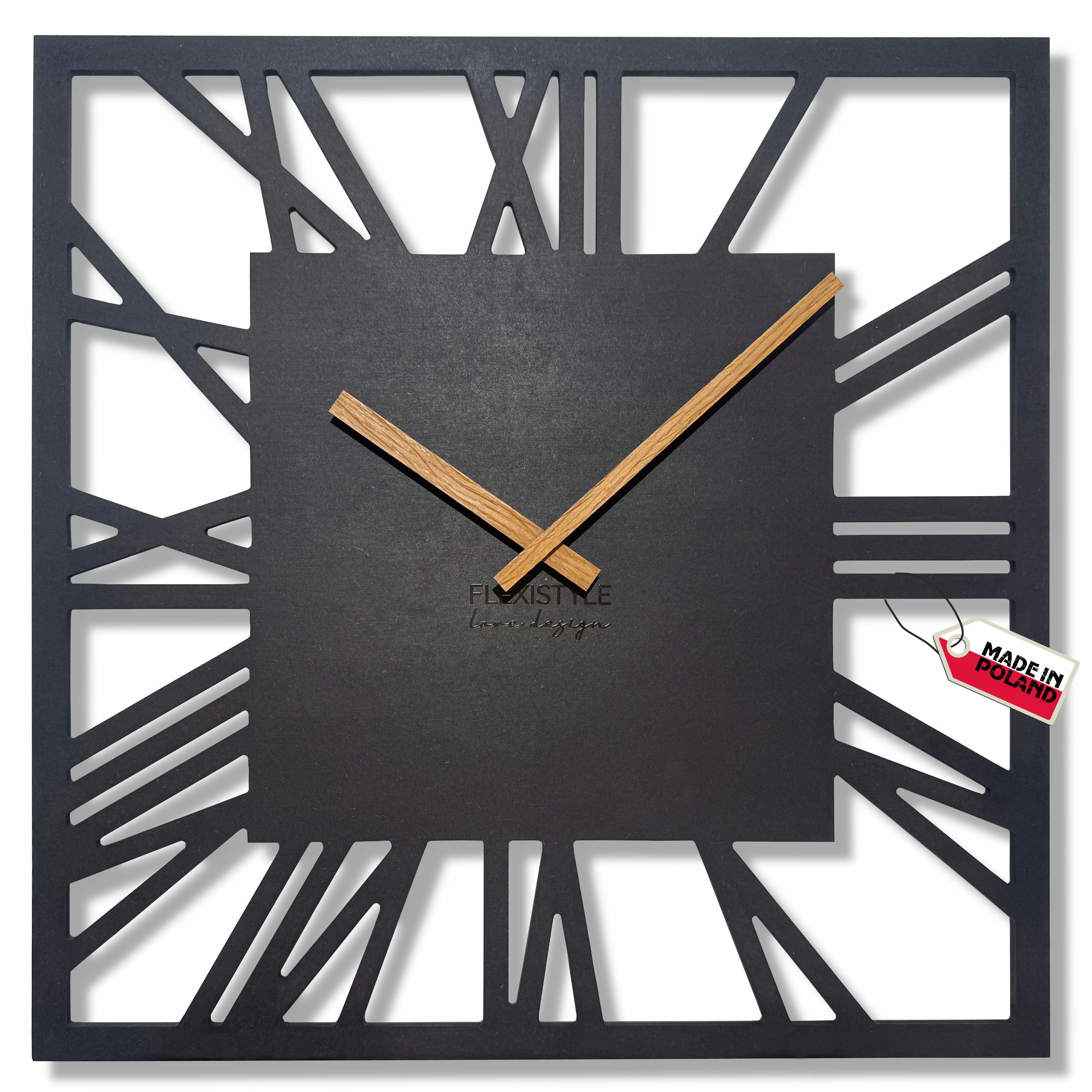 Dřevěný nástěnný hodinový stroj Loft Adulto čtverec 50x50 cm černý do obývacího pokoje