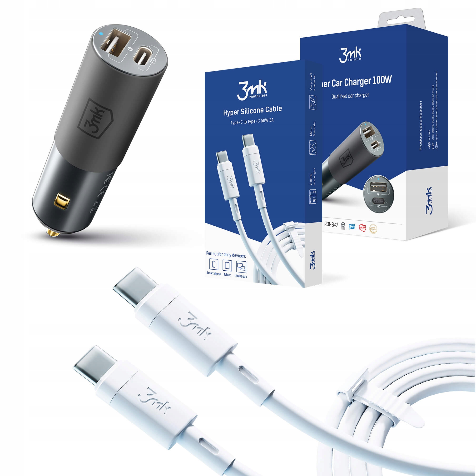 

Zestaw Ładowarka samochodowa 100W Kabel Usb-c 60W