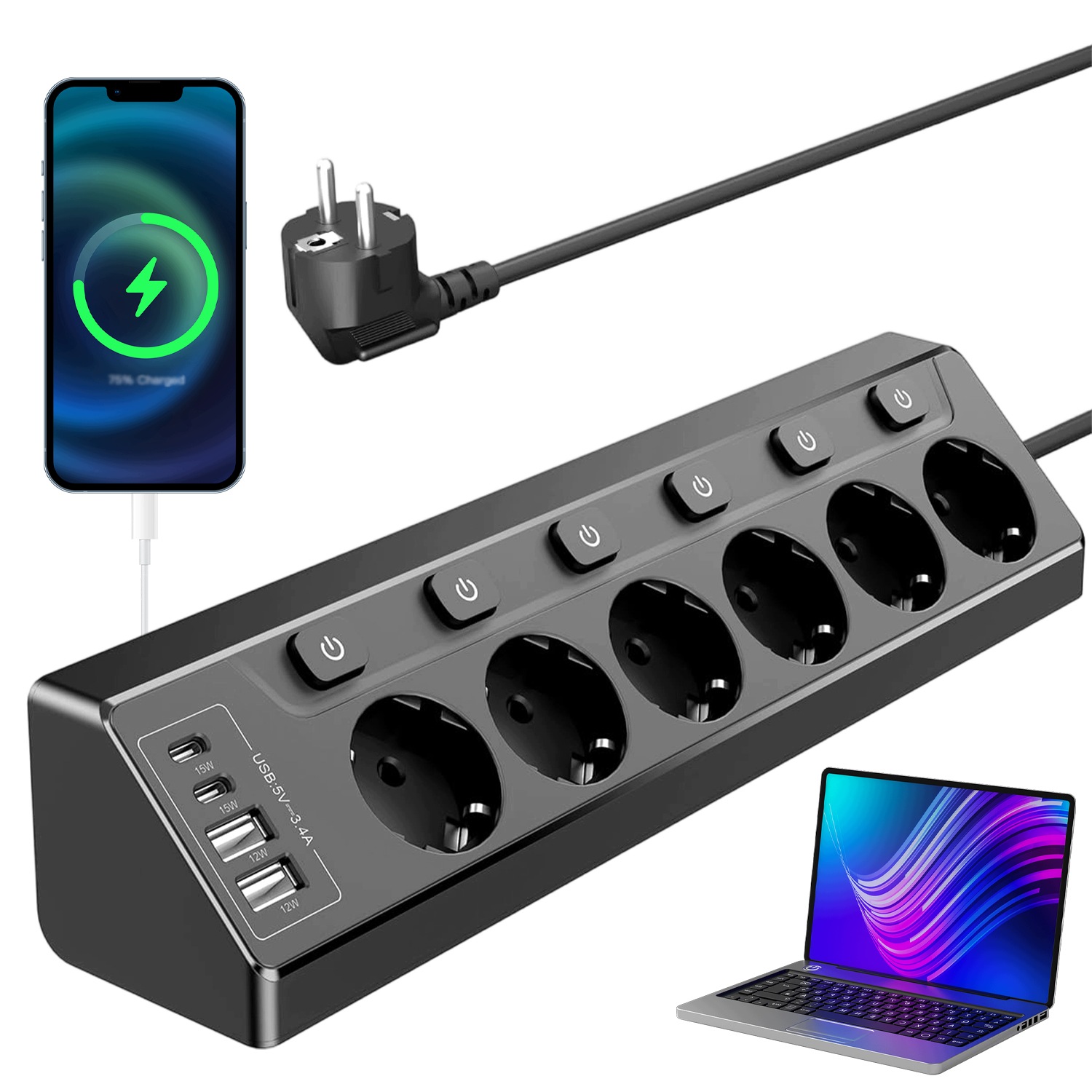 Zásuvková Lišta Černá 10W1 6 Zásuvky 2XUSB-C, 2XUSB-A, Kabel 2M