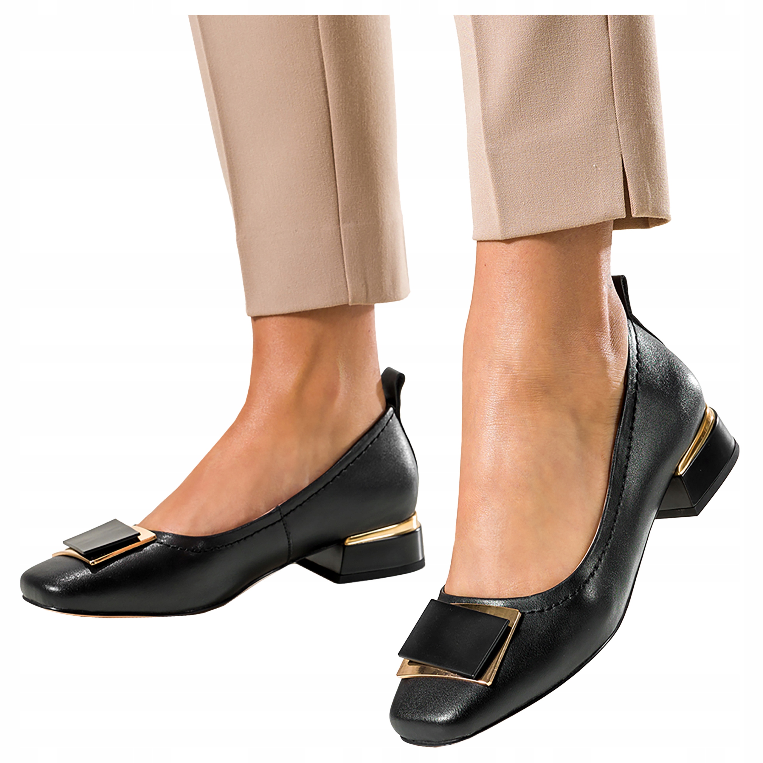 Damskie Czarne Skórzane Czółenka Na Niskim Klocku Modna Ozdoba r 38