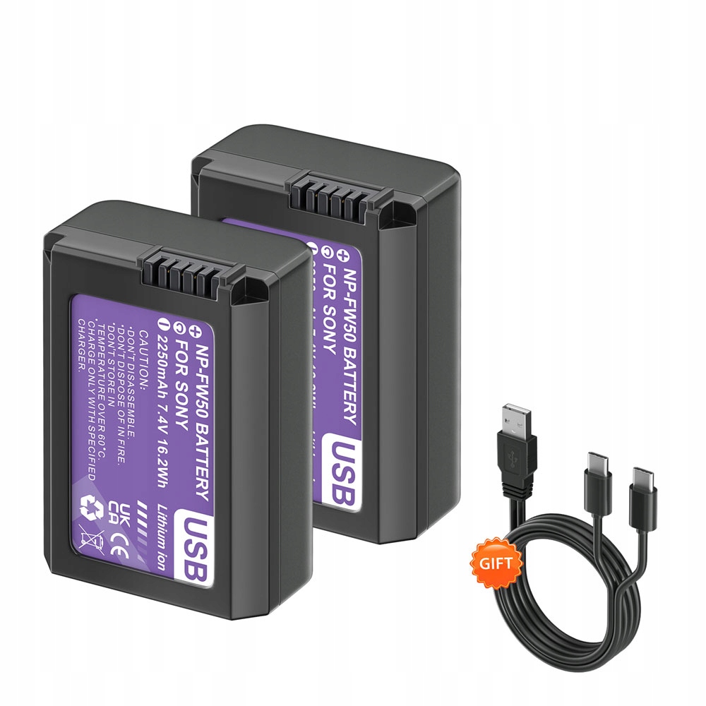 2x NP-FW50 Baterie s Usb-c vstupem pro Sony A6500 A6300 NEX-3 A7S ZVE10