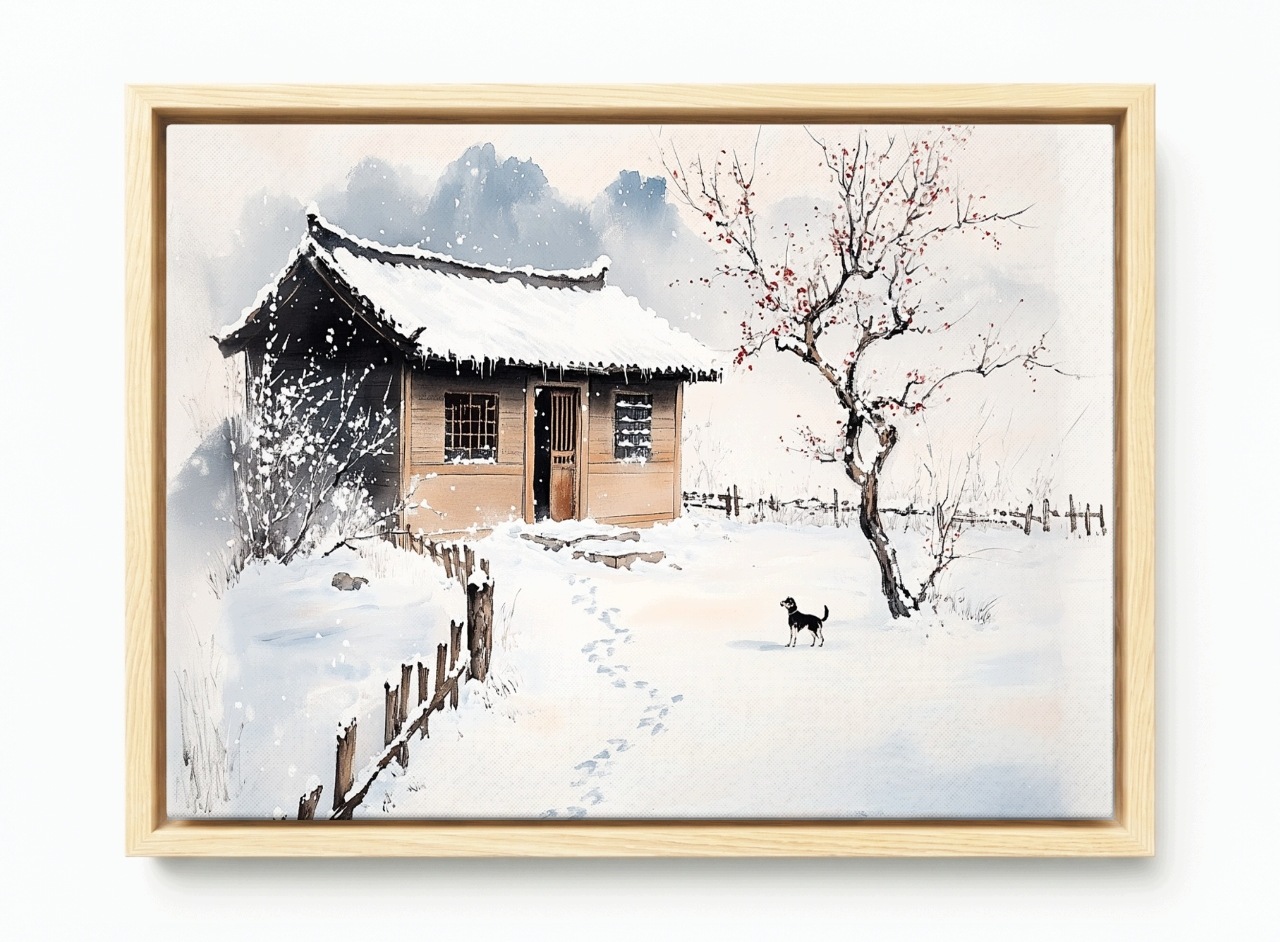 Obraz Rám Americký Box Zima Sníh Mráz Japonsko Asie Dům Dřevo Pes 60x40