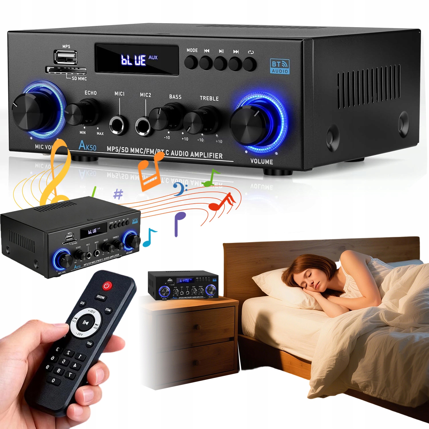 Zesilovač Hifi Fm Bluetooth 5.0 Led Stereo S Anténou Dvd/aux AK-50 Max 800W