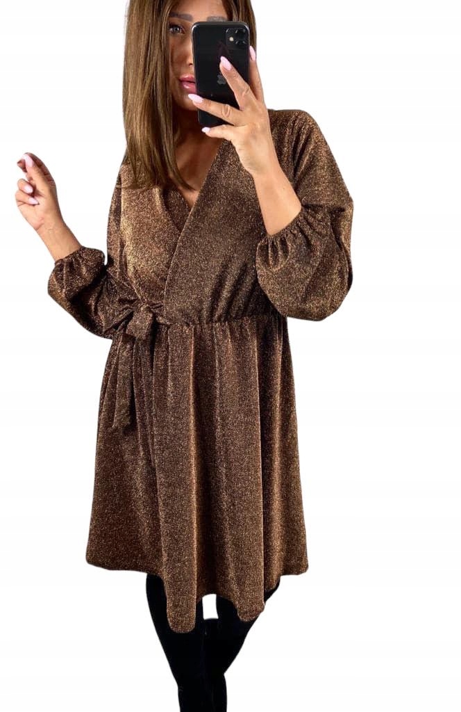 V793 Šaty S Vázáním, Lesklá, Zlatá, vel. 42 (XL)