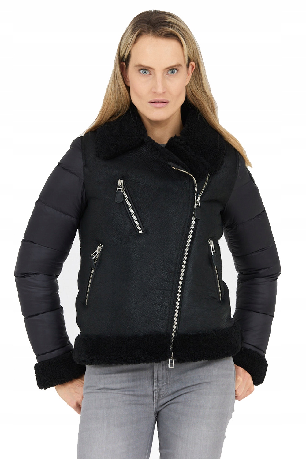 Blauer černý dámský prošívaný kožich s rukávy, velikost L