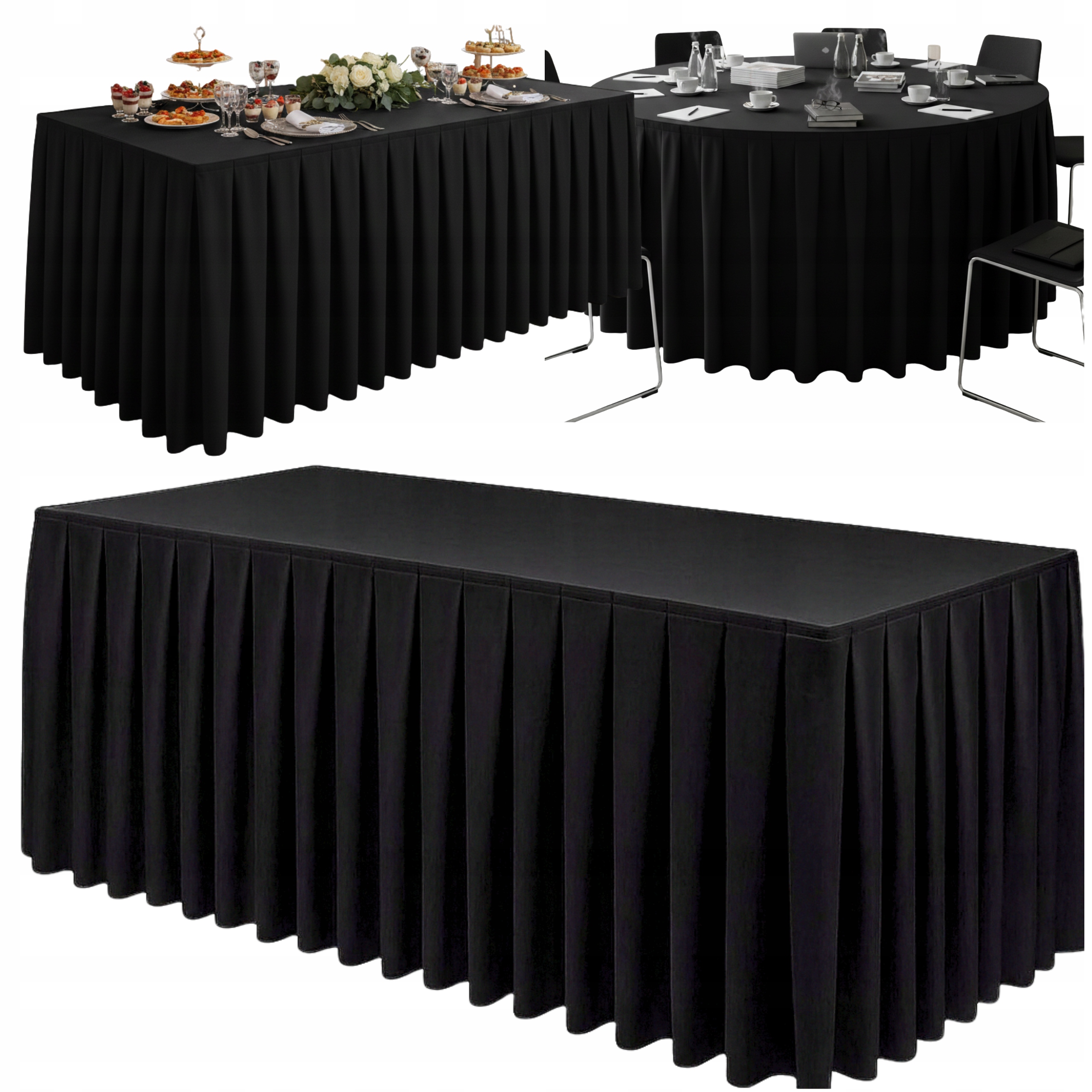 Falbana do stołu Czarna skirting obrus cateringowy Premium 565cm 220gsm