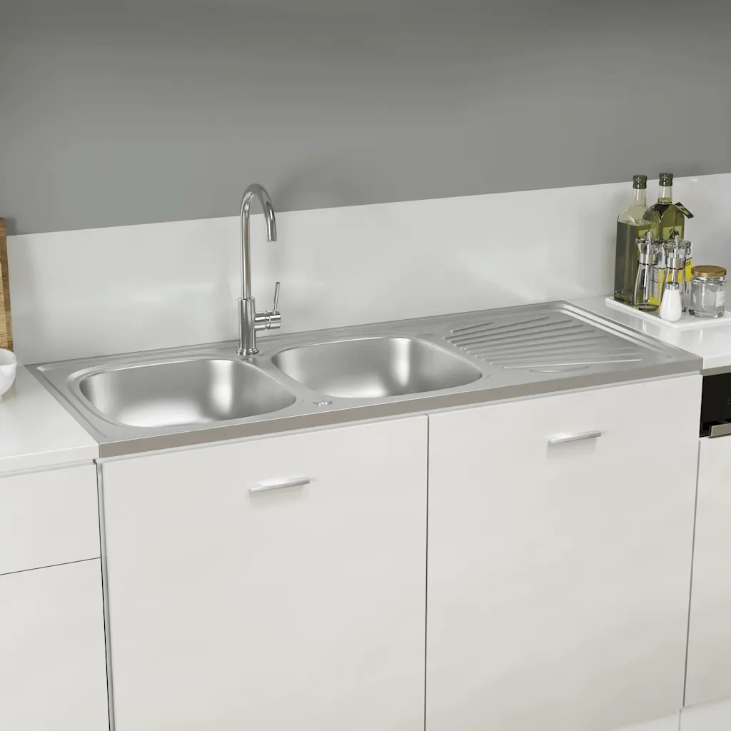 vidaXL Kuchyňský dvojitý dřez stříbrný 1 200x500x155 mm nerezová ocel