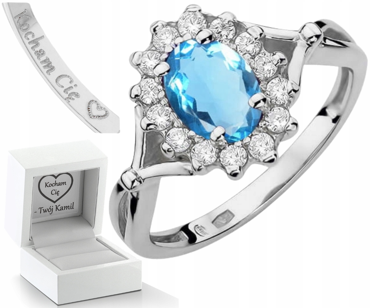 Bílý Zlatý Prstýnek S Modrým Kamenem Topaz A Brilianty 585 Gravírování