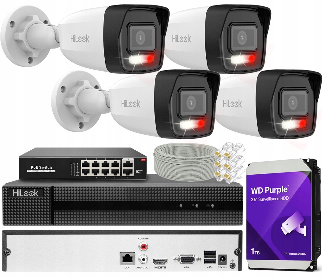 Sada na monitorovanie Ip 8MPx 4K HiLook od Hikvision 4 Kamery PoE Detekcia Ai