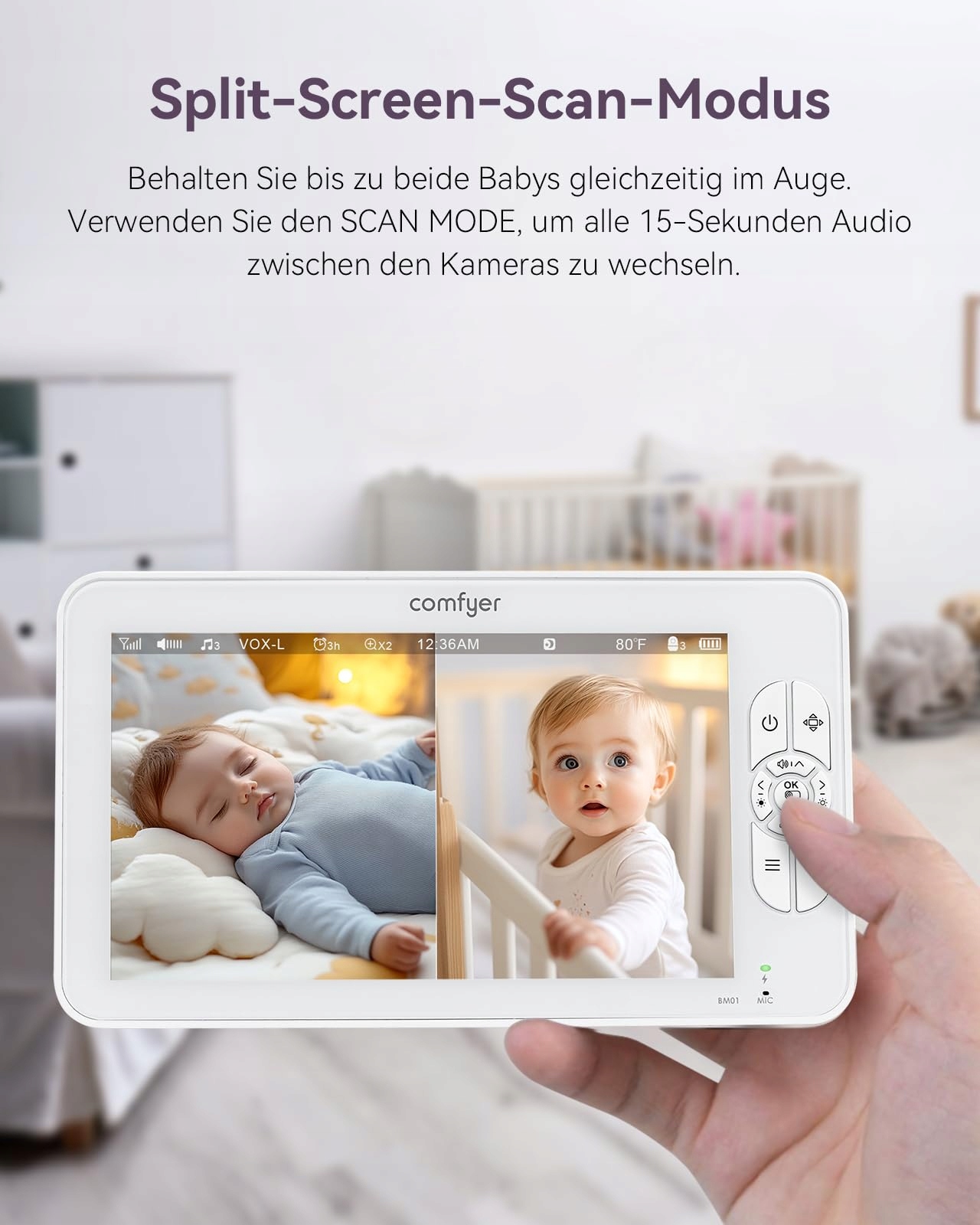 COMFYER Niania Elektroniczna 7" HD 720P 2 Kamery IR Nocny Tryb Vox Audio — miniatura 3