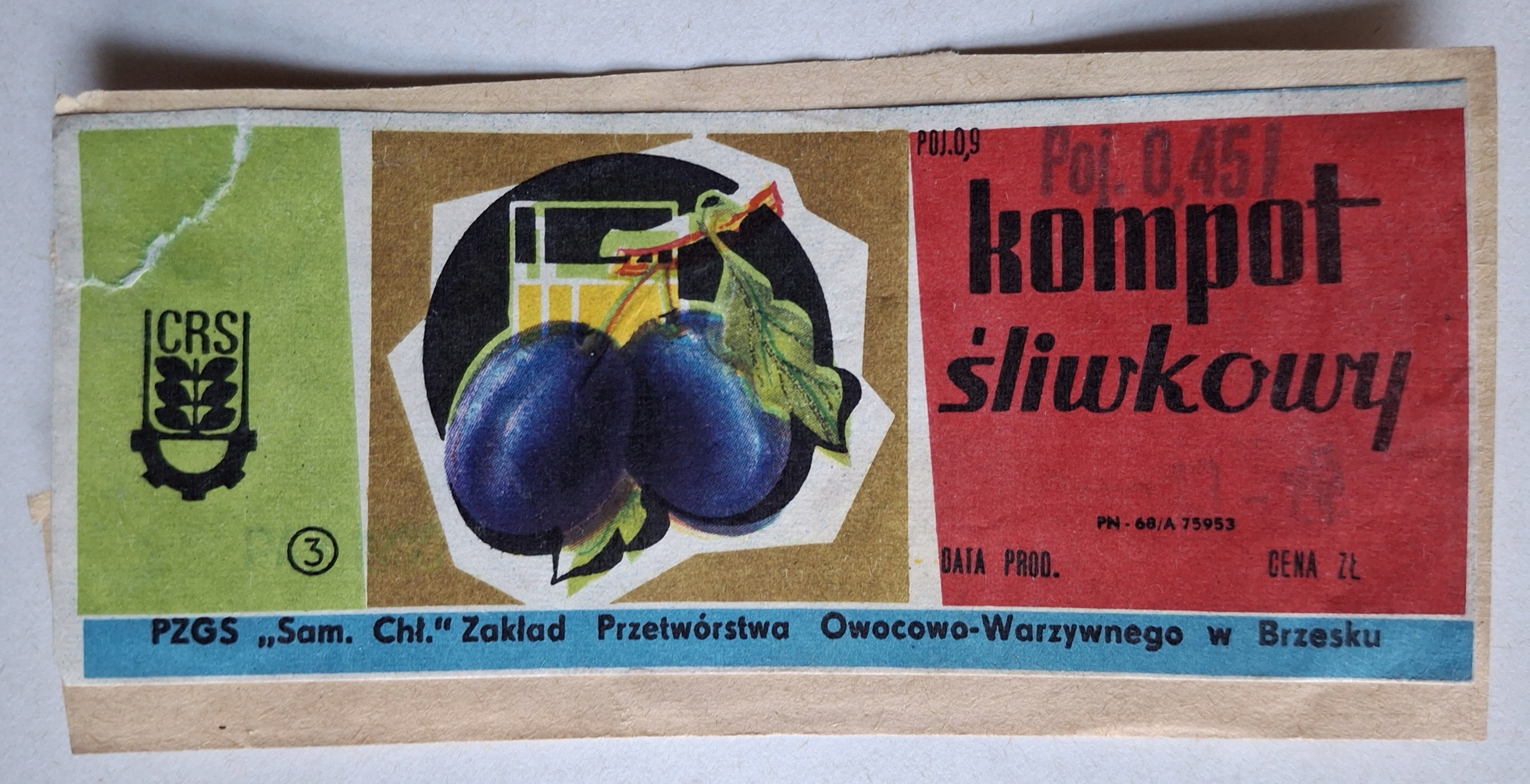 KOMPOT ŚLIWKOWY - PZGS SAM.CHŁOPSKA POW W BRZESKU- ETYKIETA