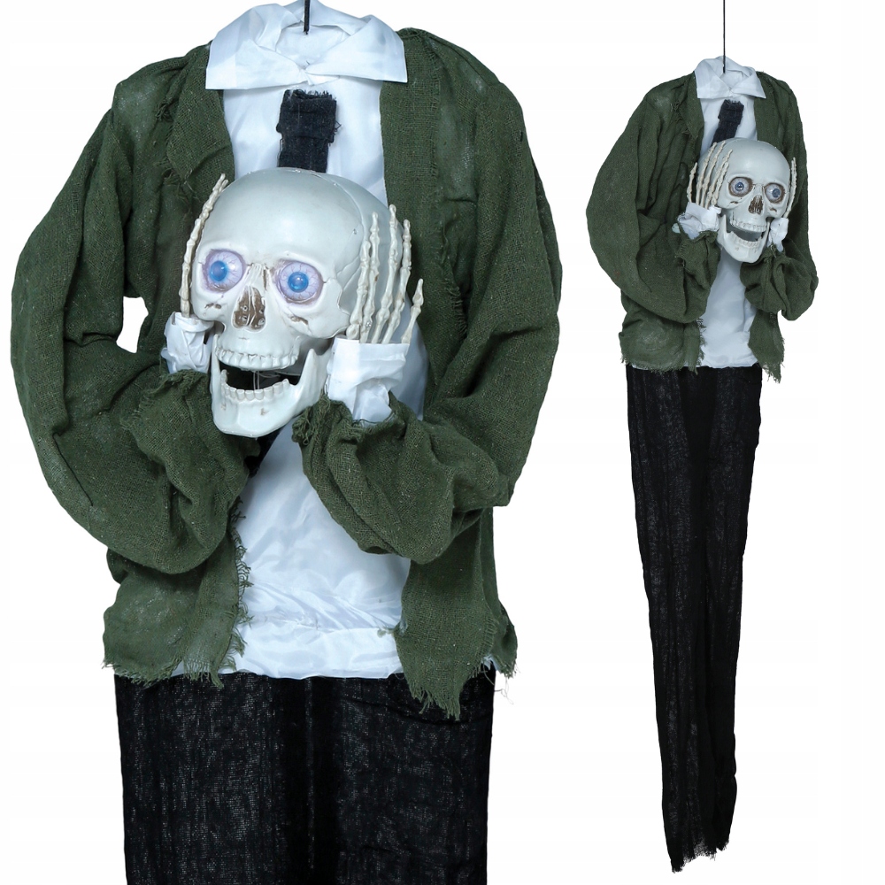 Kostra s závesnou hlavou Interaktívna dekorácia na Halloween 145 cm