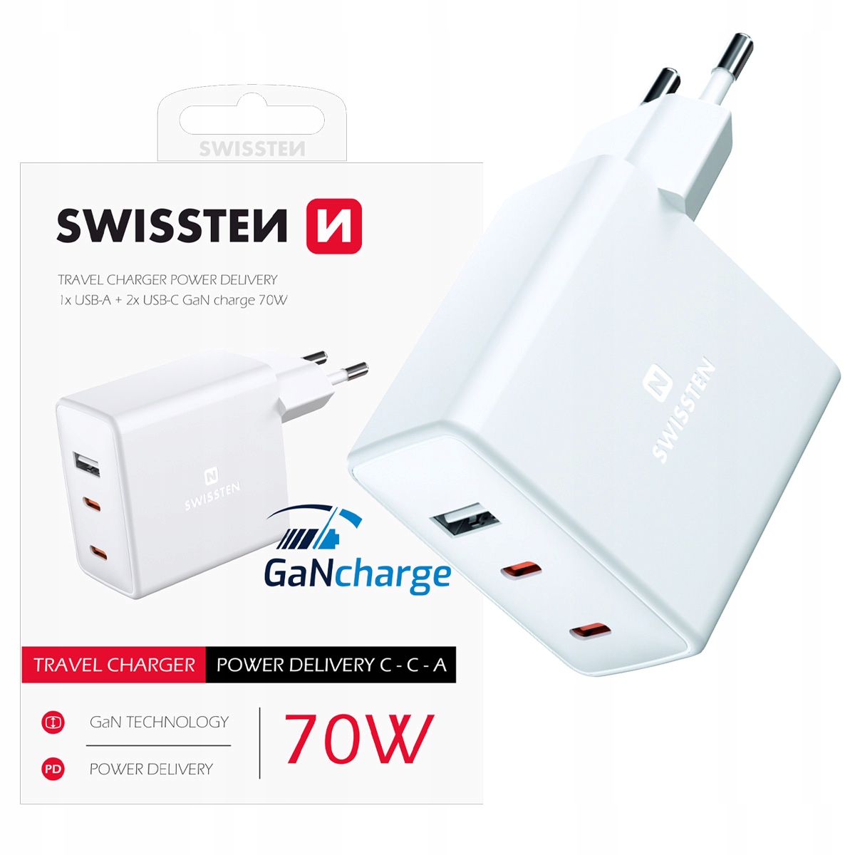 Ładowarka sieciowa GaN 70W 2x Usb-c 1x Usb Podróżna adapter Swissten