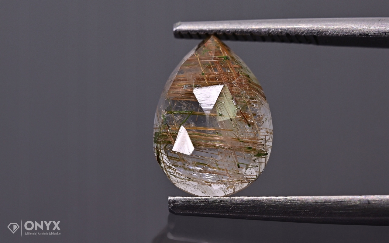 Křemen s rutilem fazetovaná slzná růžice 11x8 mm