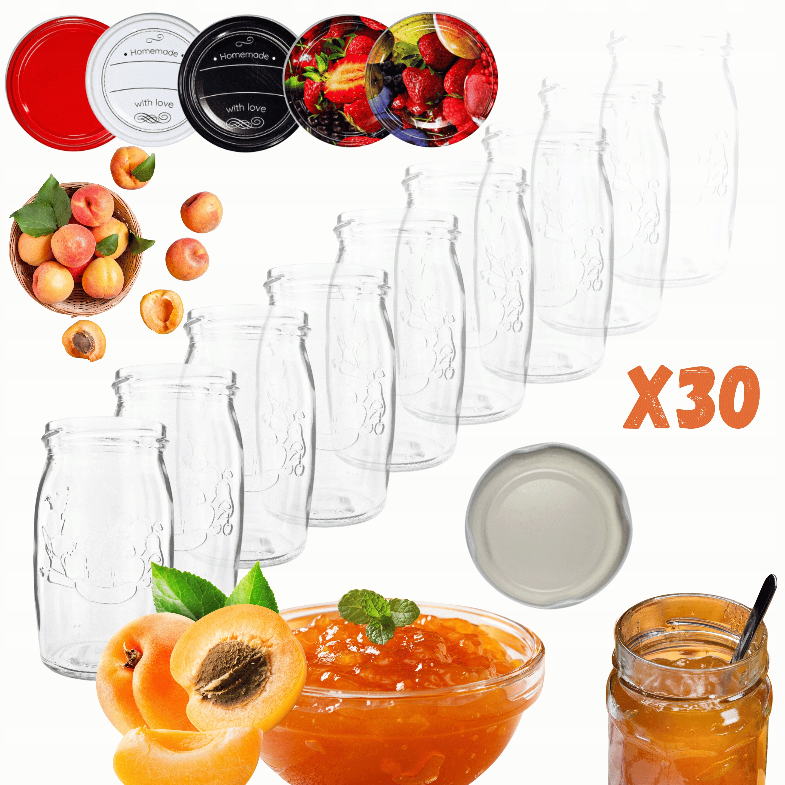 Sklenice 335 ml 30 Kompletů s Víkem džemy džemy kompot houby 66 mm