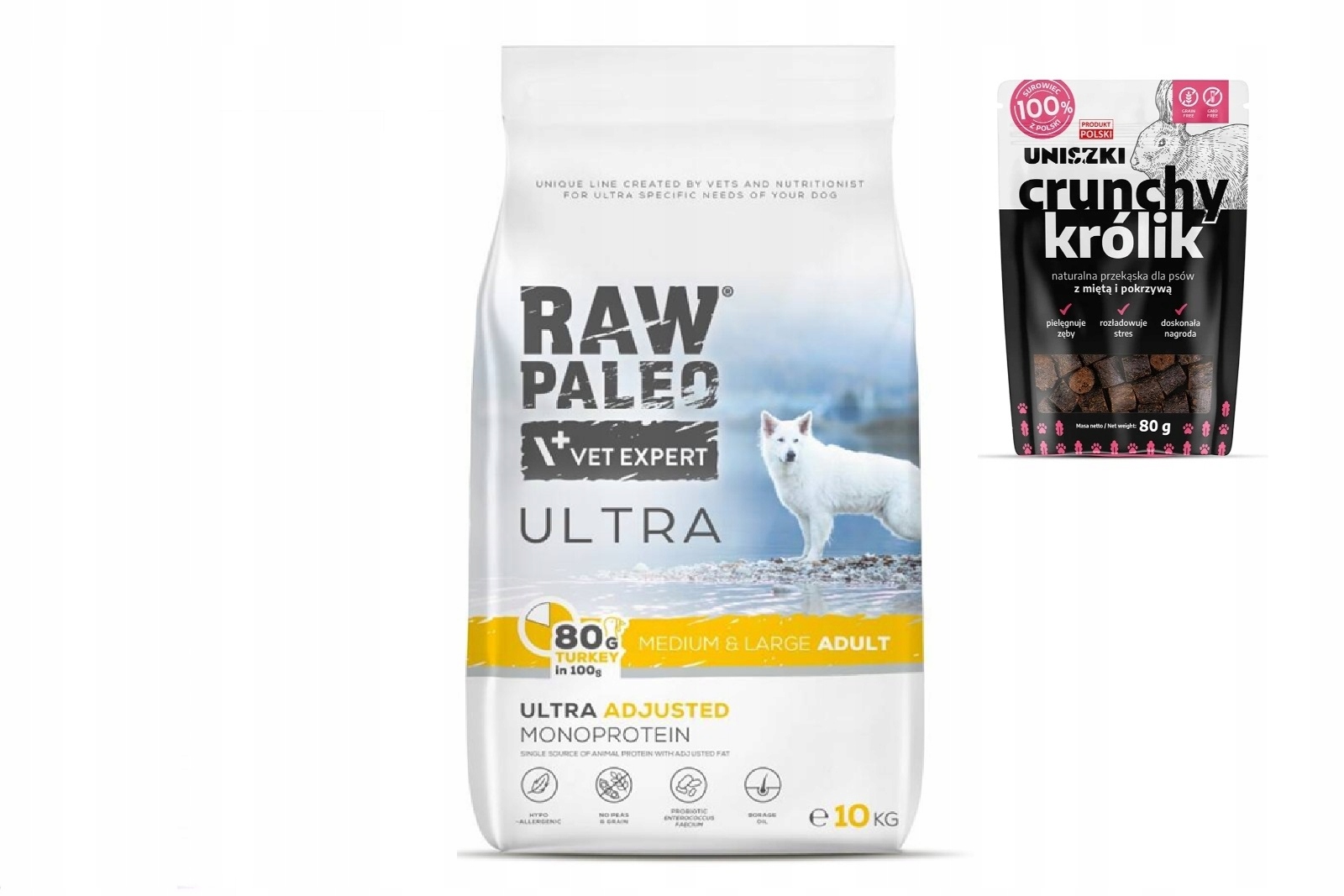 Karma Paleo Adult Large indyk 10 kg z przysmakiem Uniszki Crunchy Królik