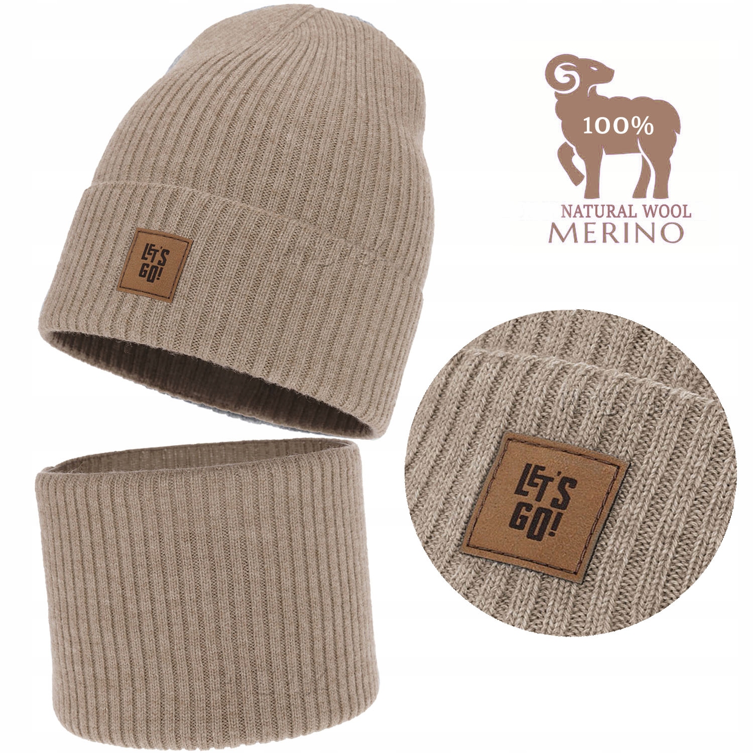 Beżowy Komplet Wełna Merino Czapka Komin jesień wiosna Prążek r. 52-54