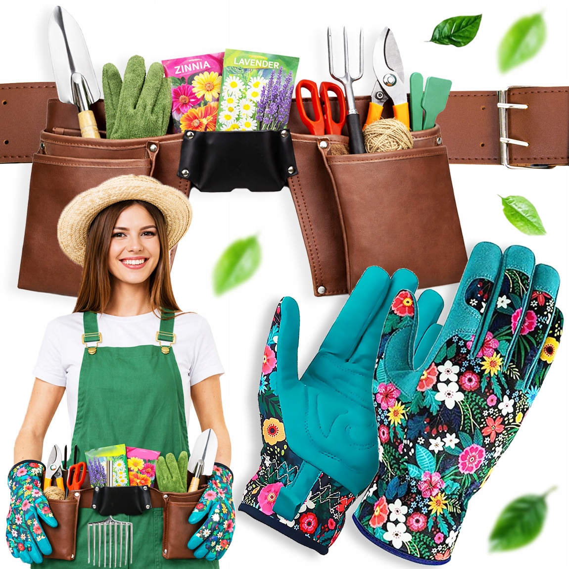 RĘKAWICE OGRODOWE OCHRONNE ROBOCZE + PAS OGRODOWY NA NARZĘDZIA SKÓRZANY