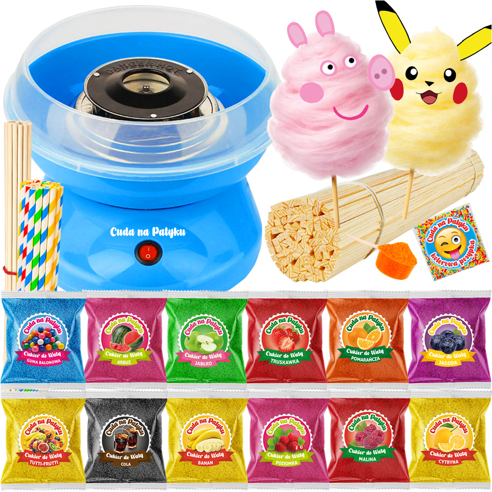 Maszyna maszynka do waty cukrowej cukier kolorowy 12x100g 70 patyczków