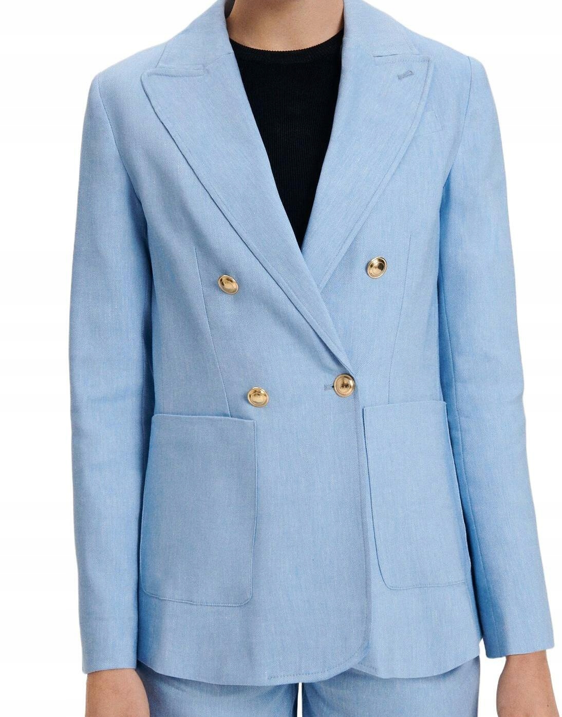 Niebieska Dwurzędowa Marynarka Z Dodatkiem Lnu Złote Guziki Reserved L