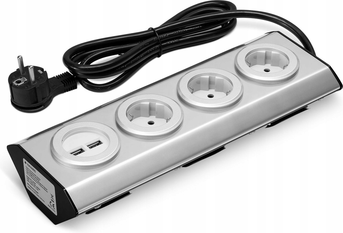 Navaris Prodlužovací kabel do kuchyně a kanceláře 3 zásuvky 2 Usb stříbrná
