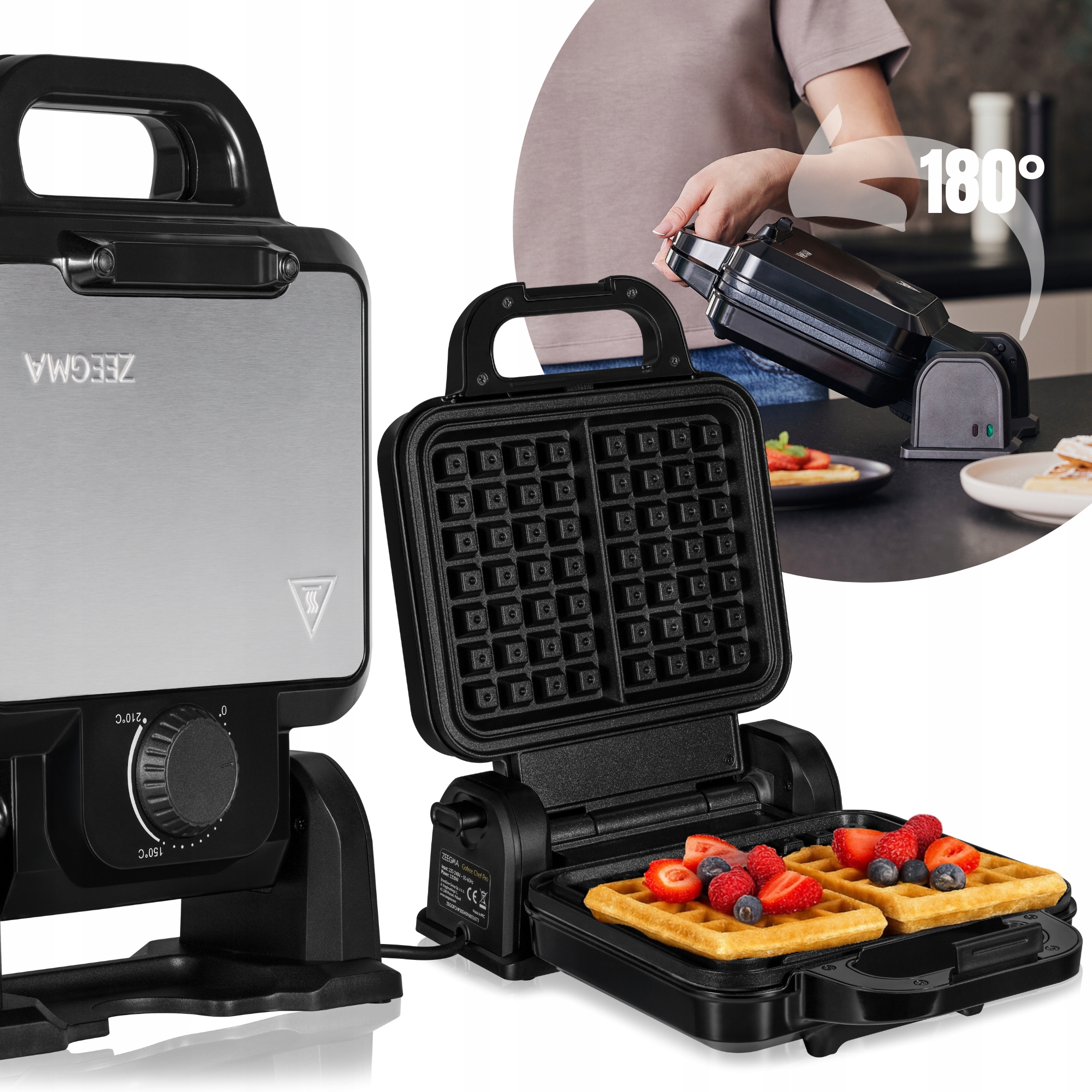 Vaflovač Otočný 2 Velké Vafle Nonstick 180° Regulace Teploty Silná