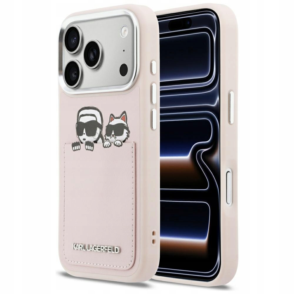 Pouzdro Karl Lagerfeld Karl & Choupette Print & Pocket pro iPhone 17 Pro, růžové