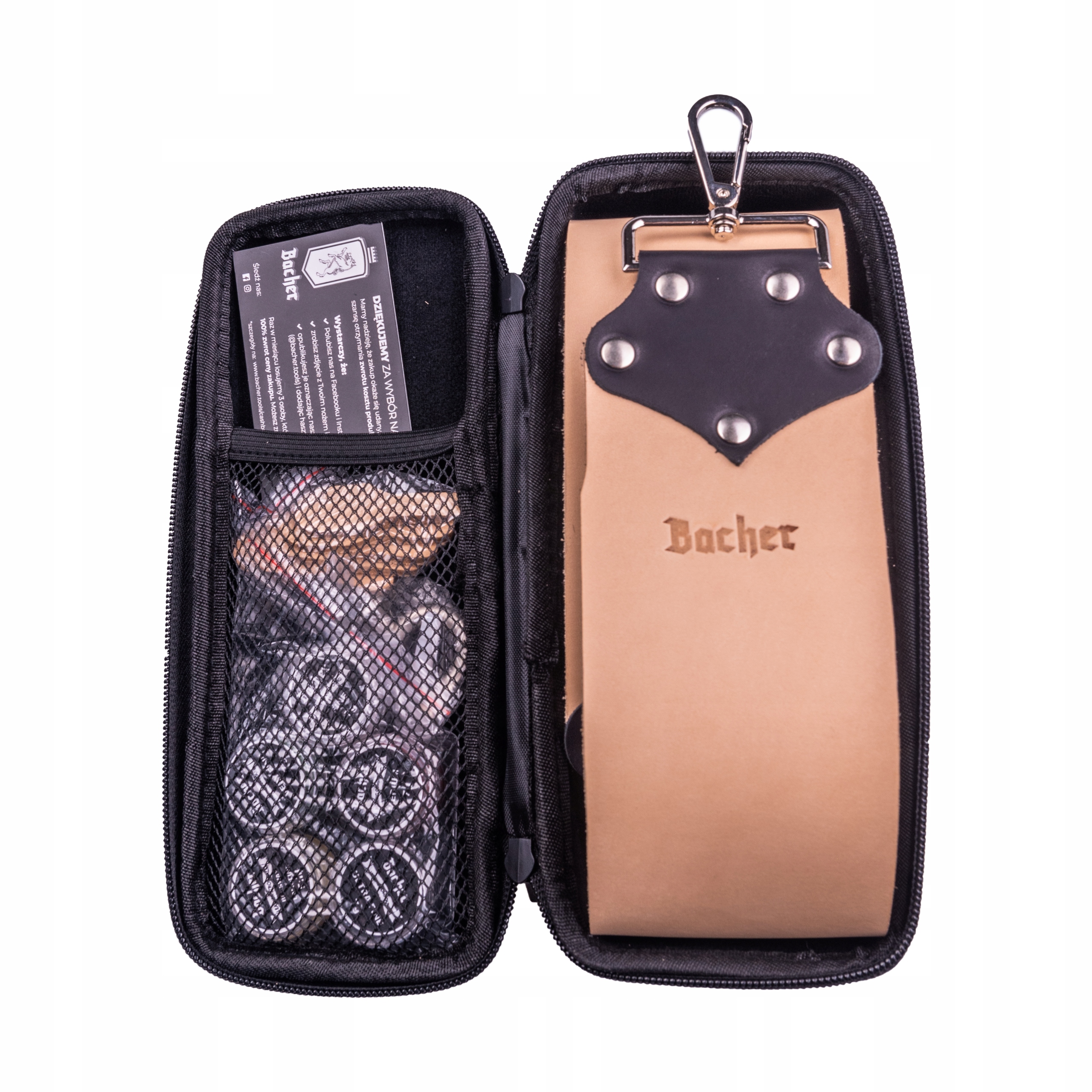 Skórzany pas BACHER do ostrzenia brzytwy duży + zestaw past, etui Marka Bacher