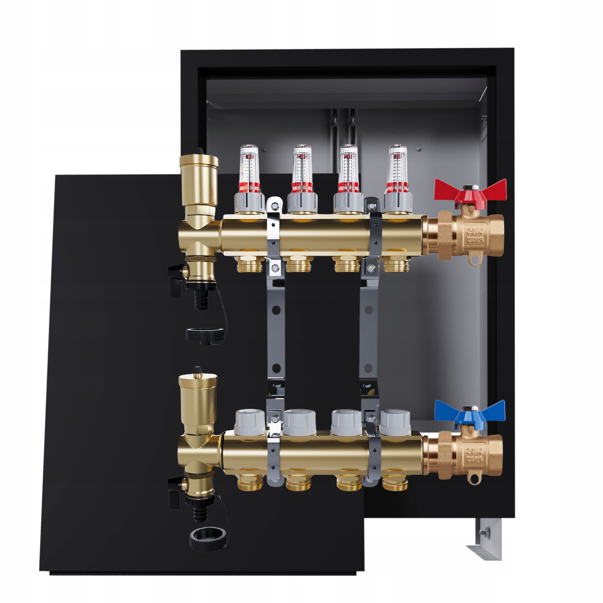 Rozdělovač podlahových krytin mosazný 4 okruhy skříňka černá jednoduchý ventil