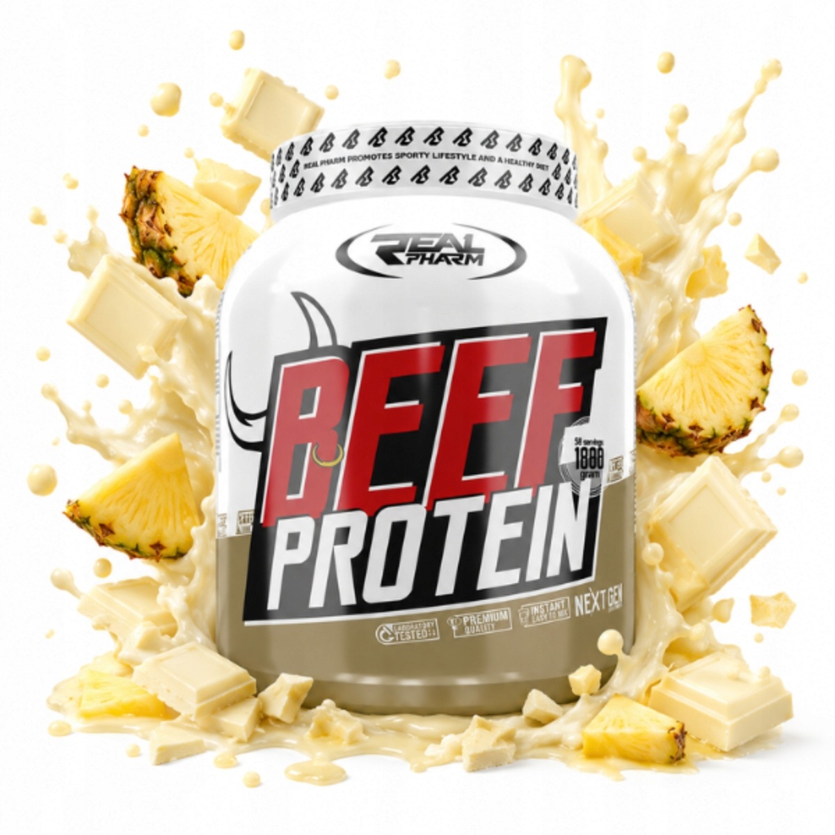Hovězí Protein doplněk stravy Real Pharm Beef Protein 85% 1800 g Bílá Čoko-ananas