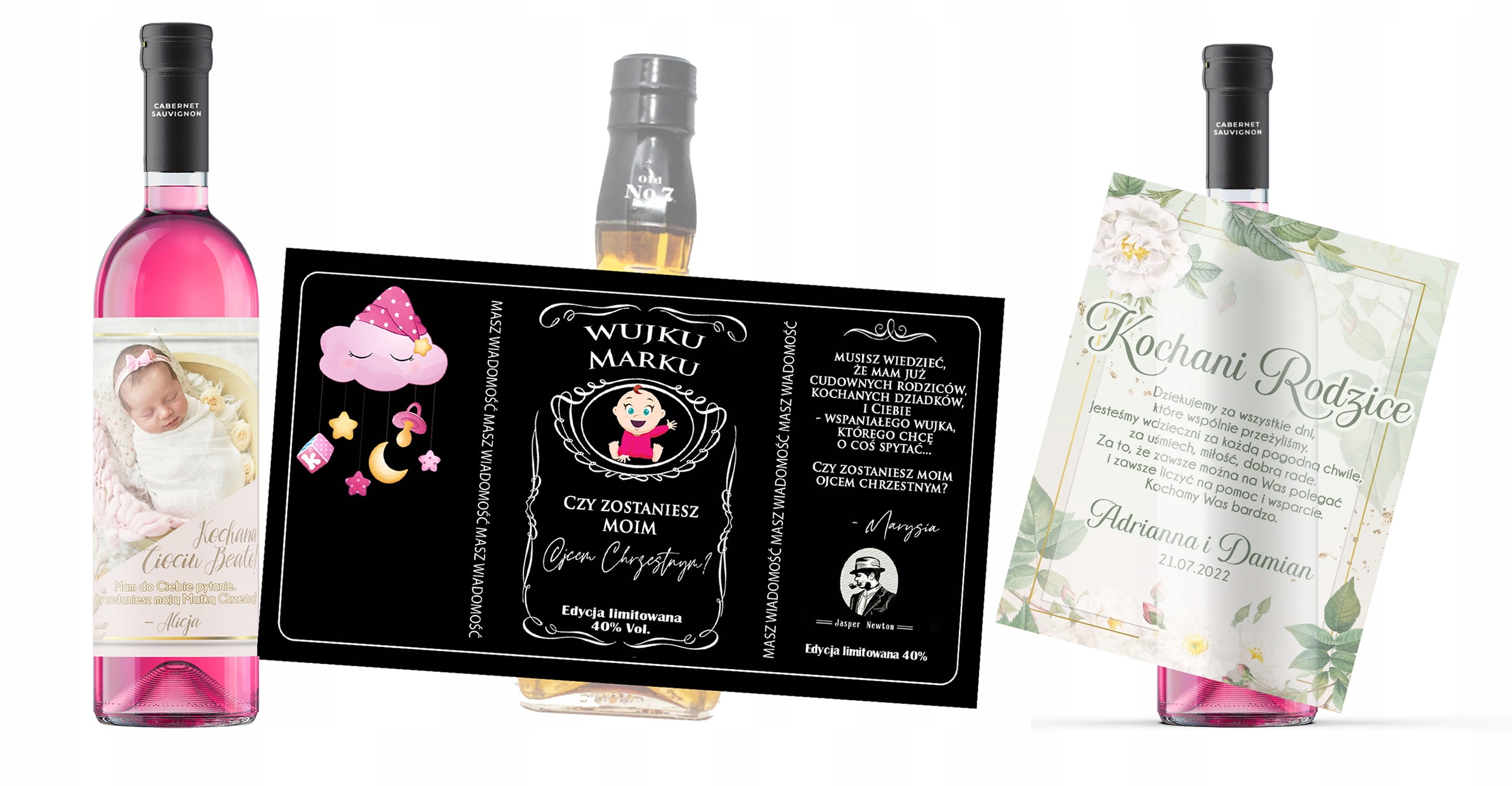 Etykieta WINO Urodziny Dzień Mamy Babci Walentynki Ślub Chrzest TWÓJ TEKST Kod producenta Etykieta na Jack